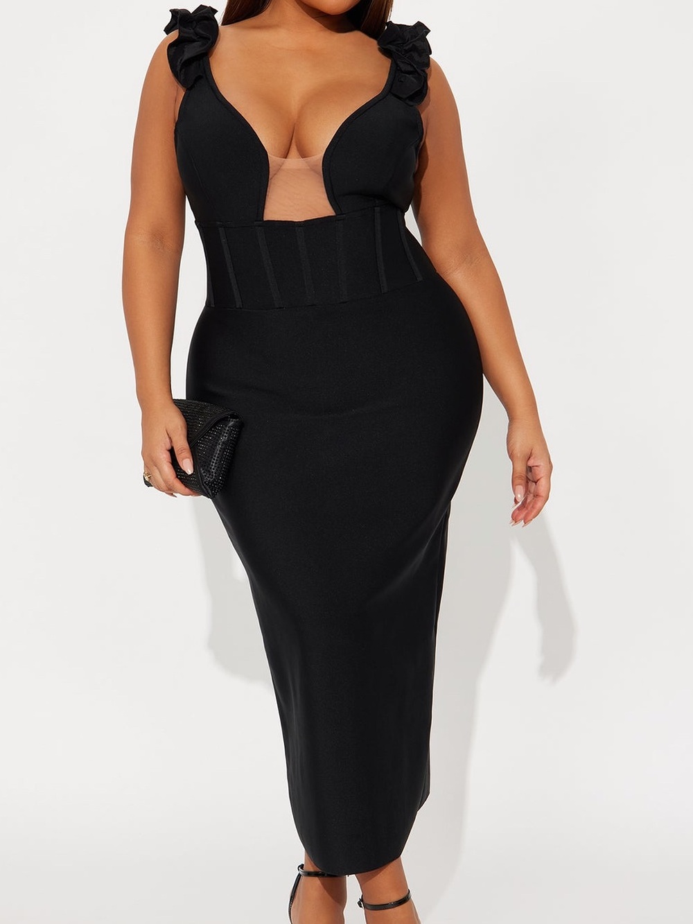 Fashion Nova Black Ruffle-Strap Midi Dress